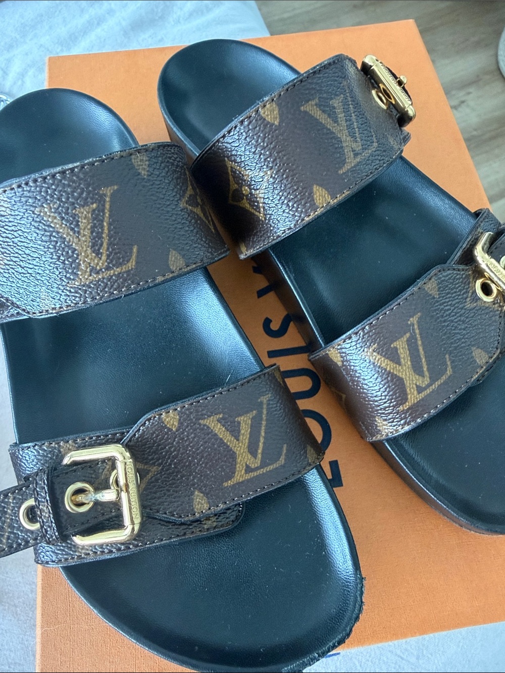 Louis Vuitton Brown Monogram Buckle Slide Sandals with Black Footbed